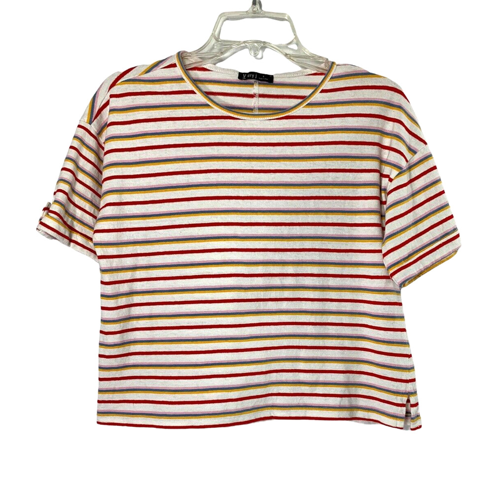Womens Crop T Shirt Size Small White Red Pink Striped Short Sleeve Casual Top‎